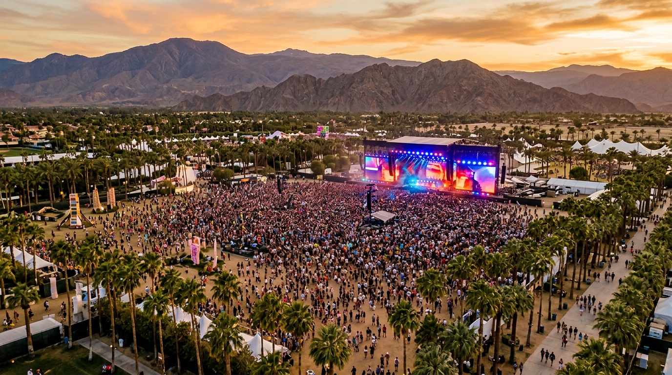 Aerial view of Coachella festival crowd at Empire Polo Club in Indio