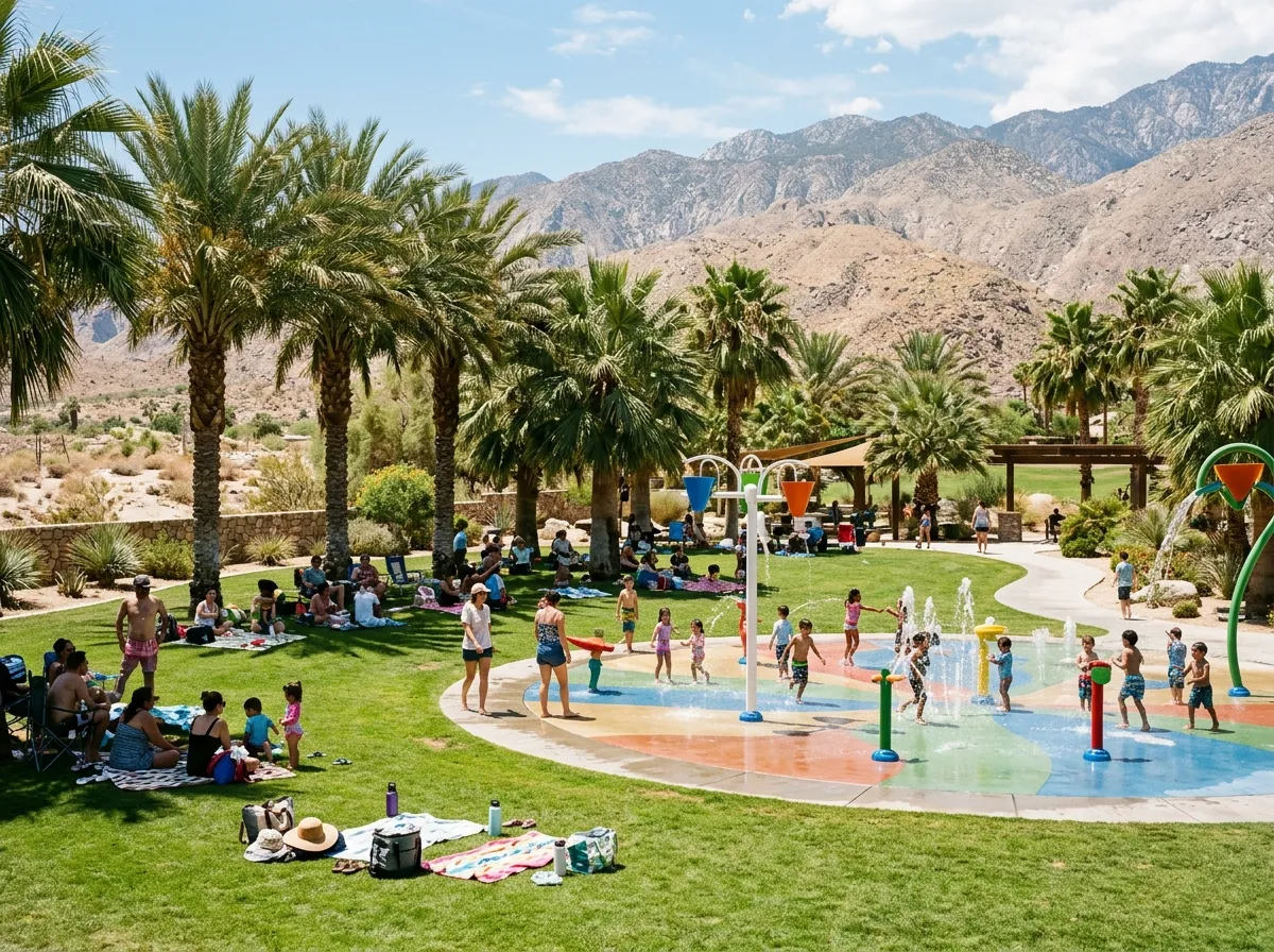 Children playing at the splash pad at Miles Avenue Park in Indio California