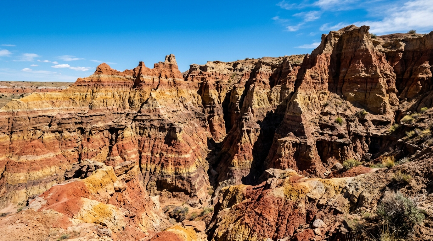 Colorful eroded clay badlands geological formations