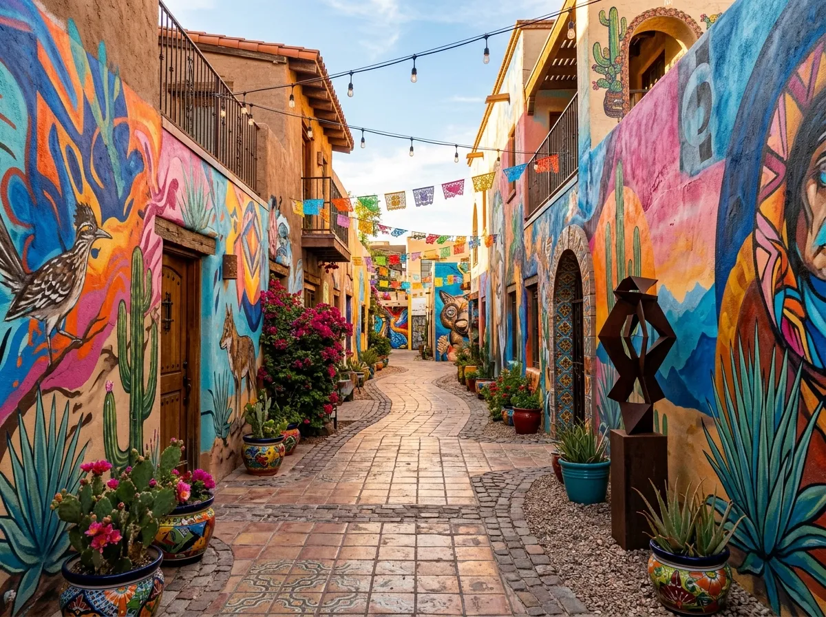 Colorful murals and public art installations in Happy Alley downtown Indio California