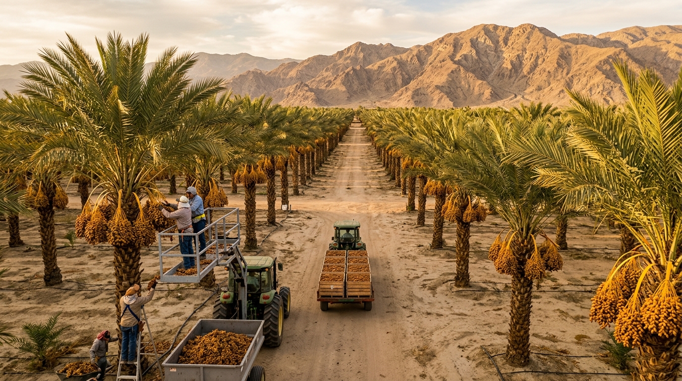 Date palm grove in Coachella Valley during harvest