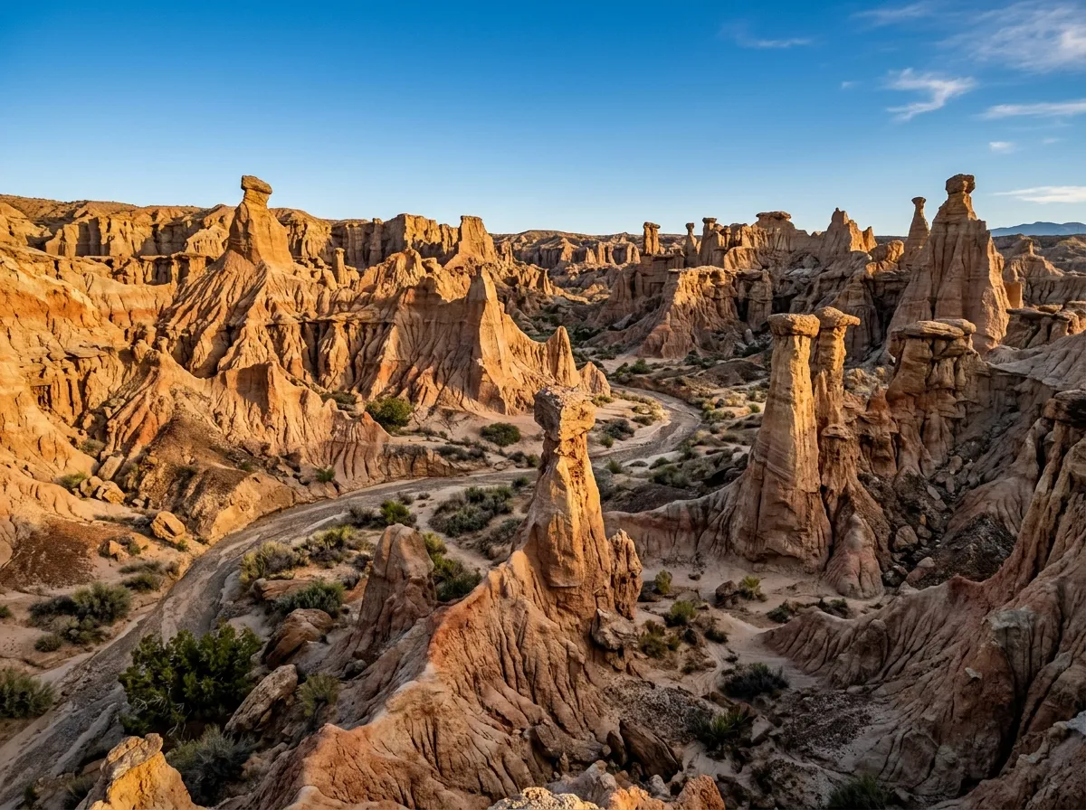 Dramatic eroded clay badlands formations in the Indio Hills with desert landscape