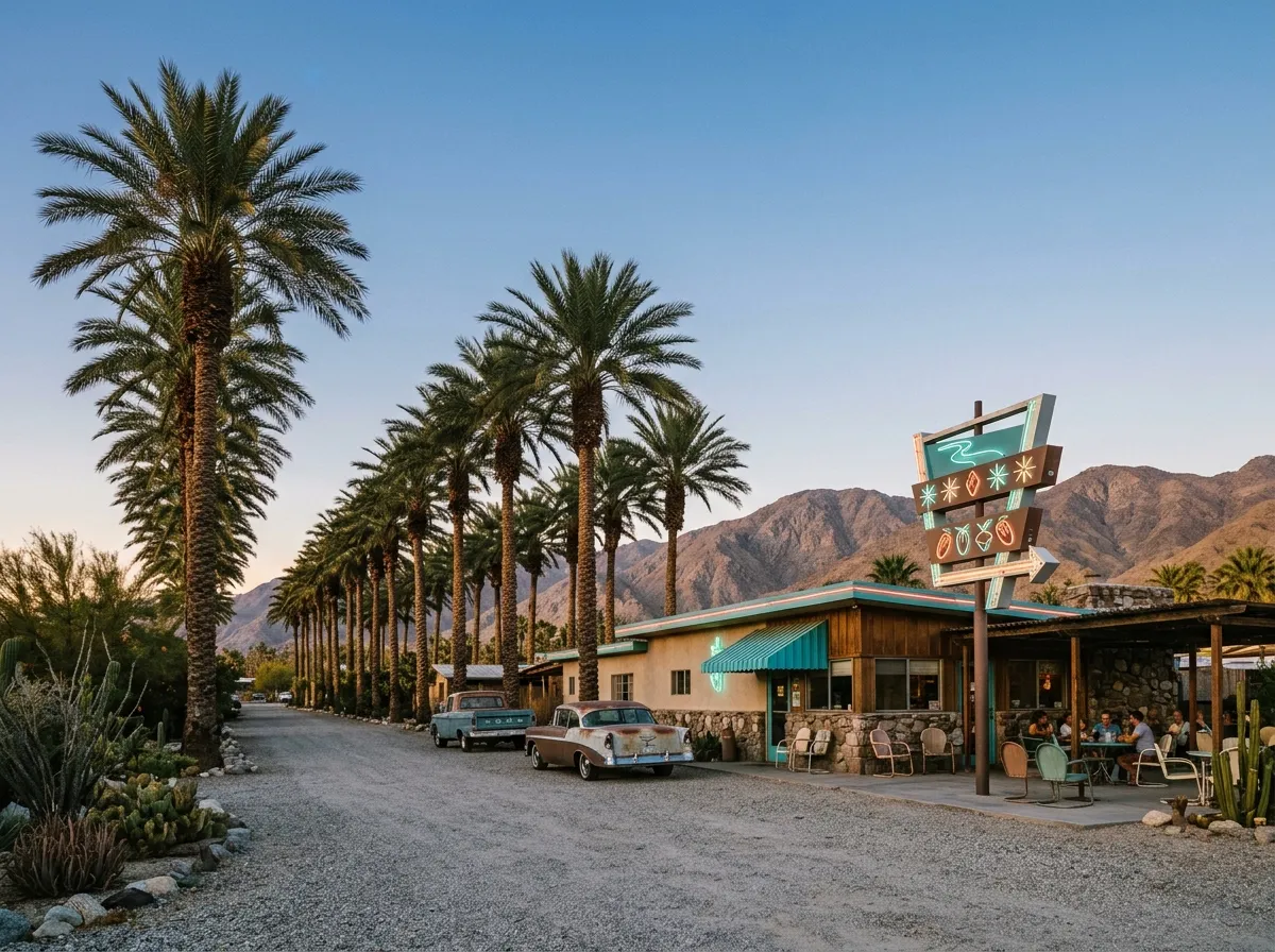 Exterior of Shields Date Garden with date palms and mid-century architecture on Highway 111 Indio