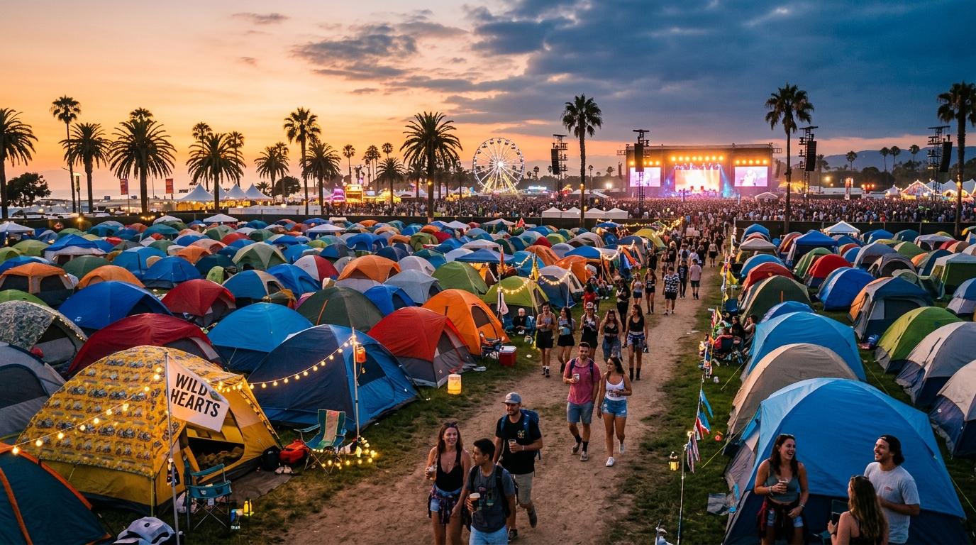 Festival campground with colorful tents