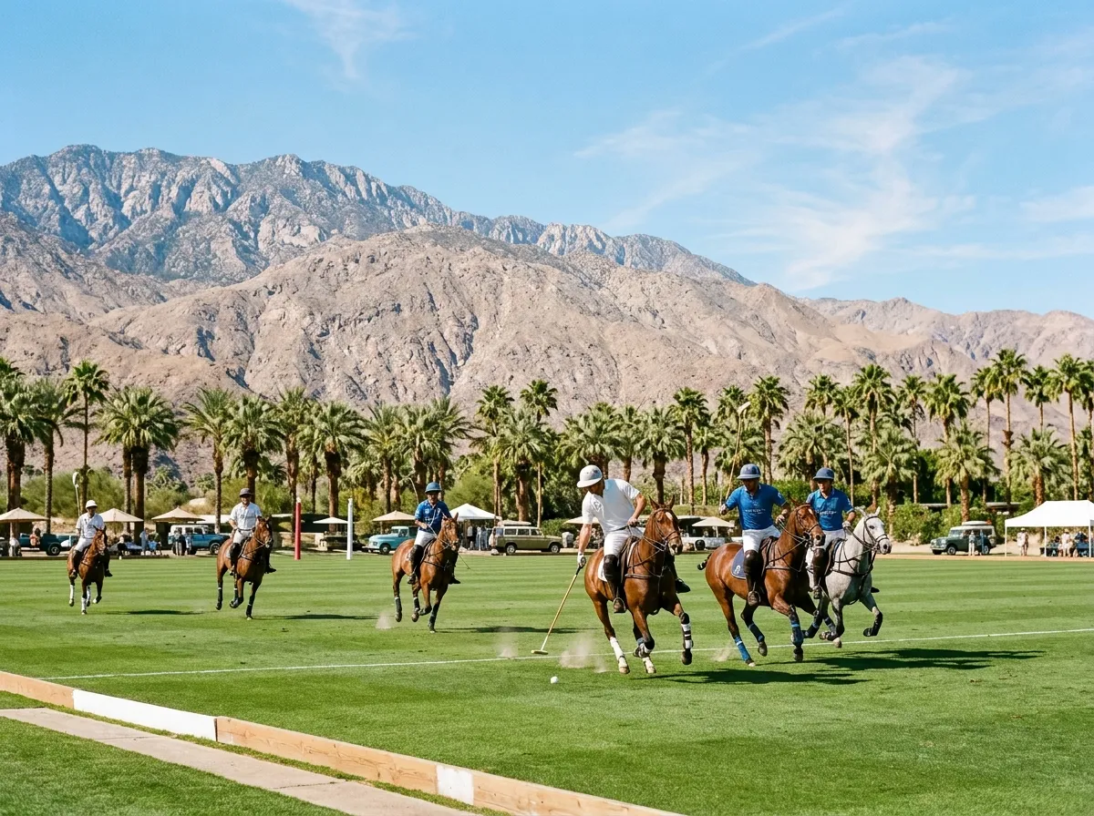Green polo field at Empire Polo Club in Indio with Santa Rosa Mountains in the background