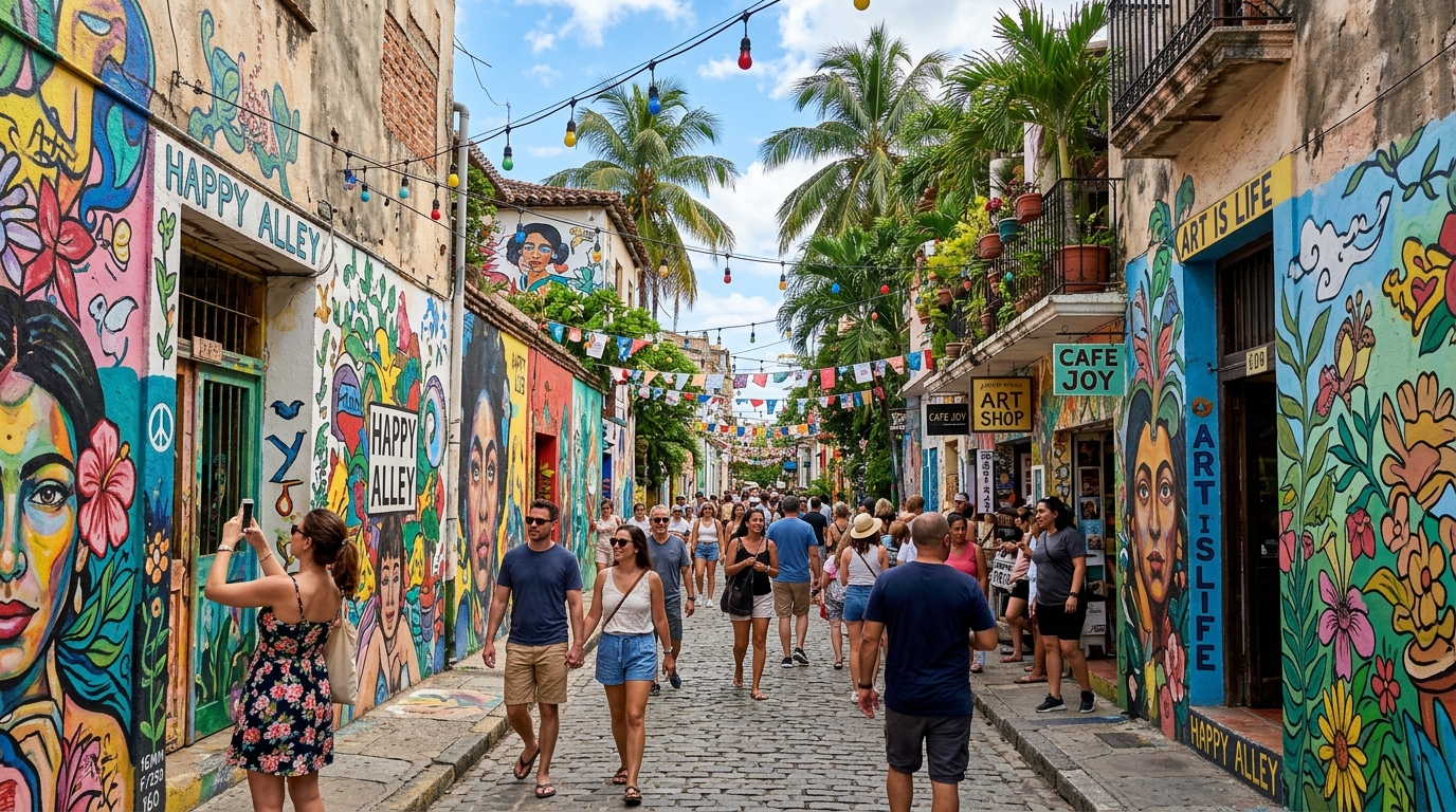 Happy Alley with multiple colorful murals
