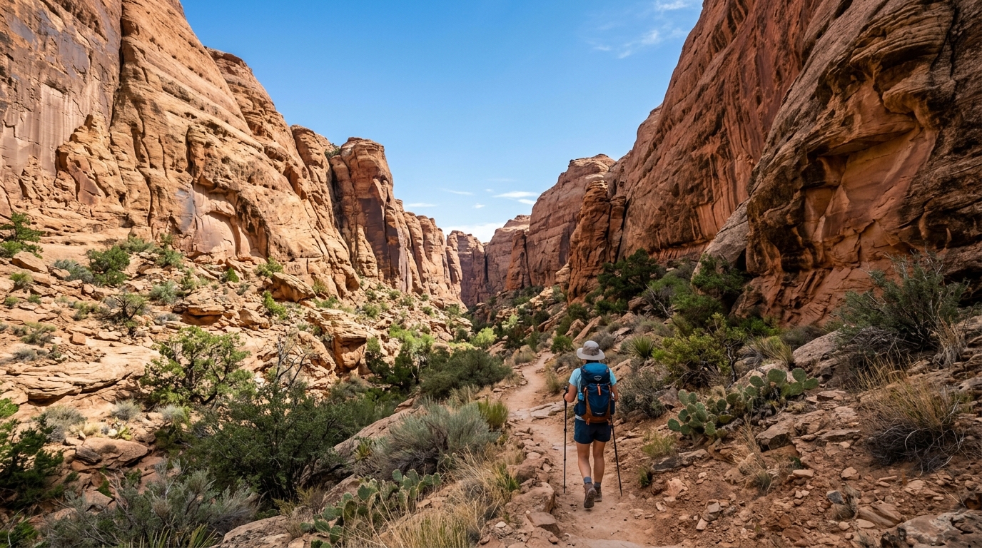Hiker in desert canyon