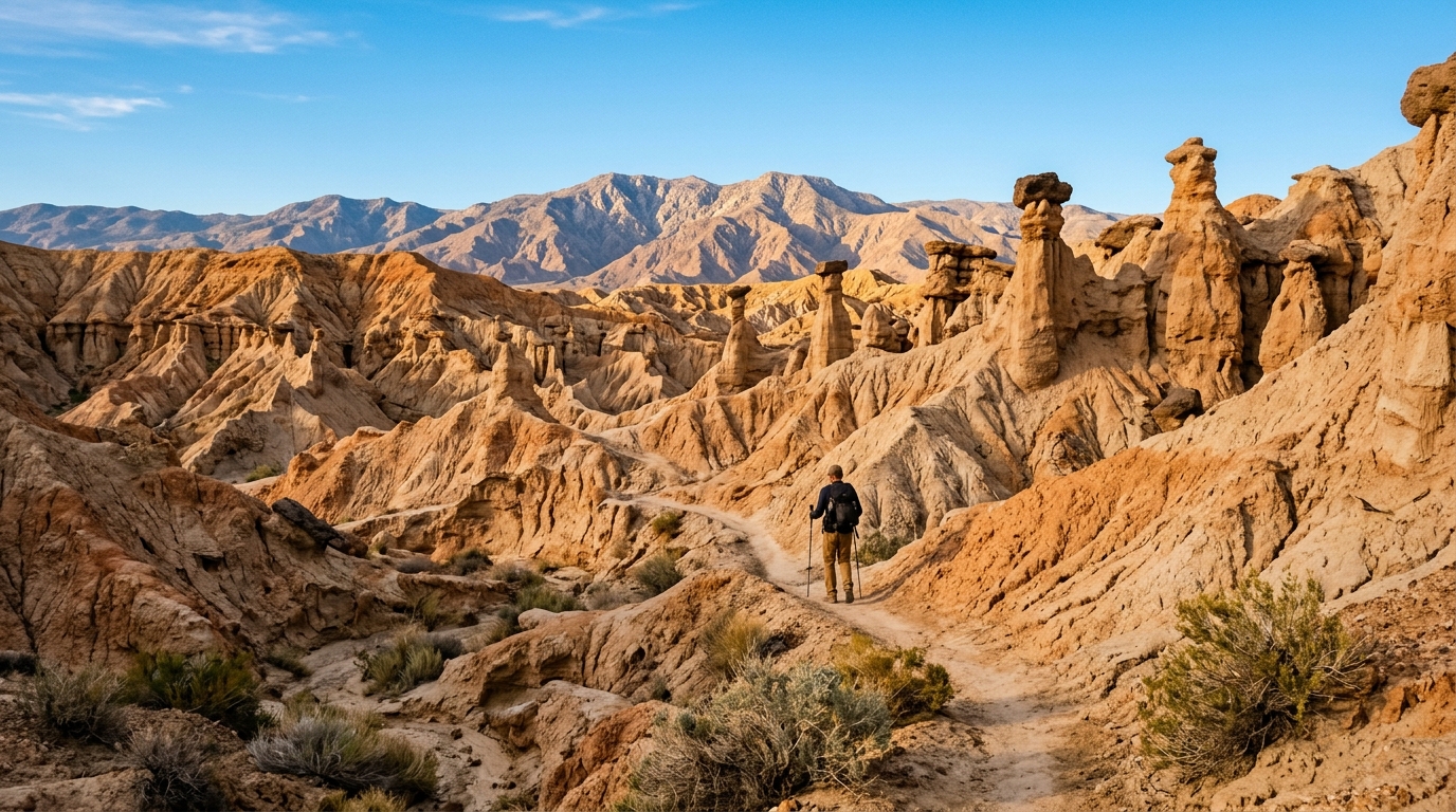 Hiker on Indio Hills Badlands Trail with eroded formations