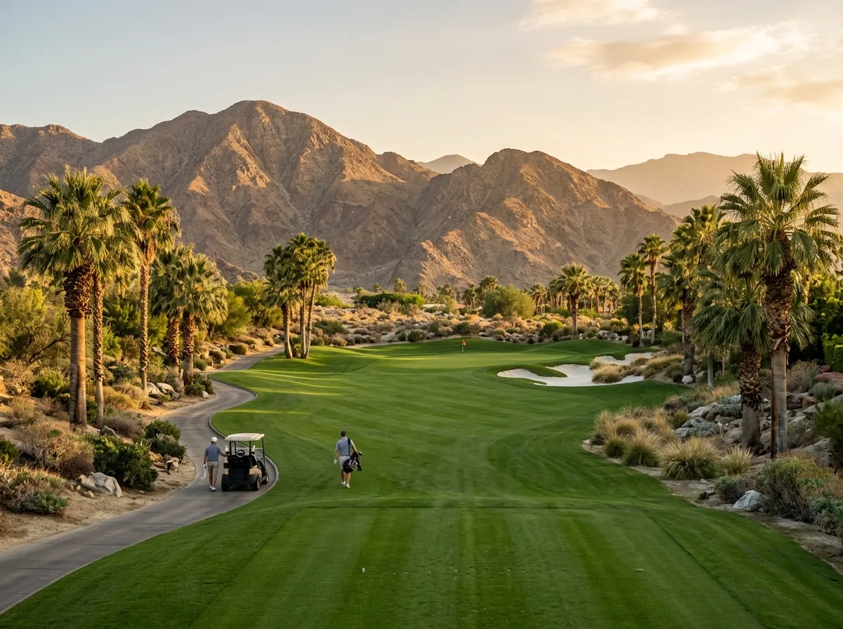 Illuminated golf course at night in Indio California with desert mountain backdrop