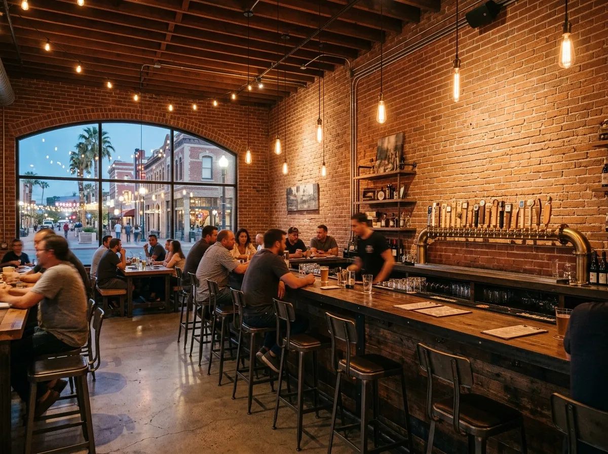 Interior of a craft beer taphouse in downtown Indio with bar seating and warm lighting