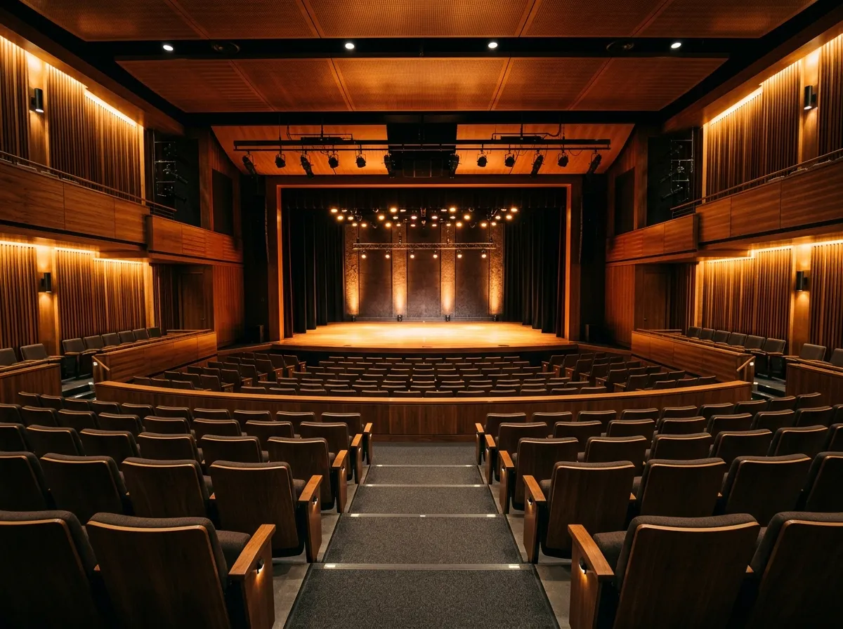 Interior of a small intimate theater with stage lighting and audience seating in Indio California