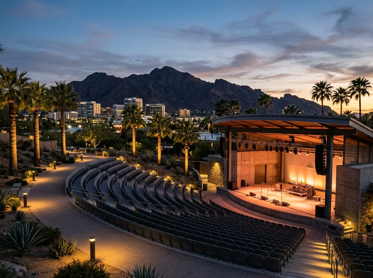 Outdoor amphitheater stage at Center Stage in downtown Indio California at dusk