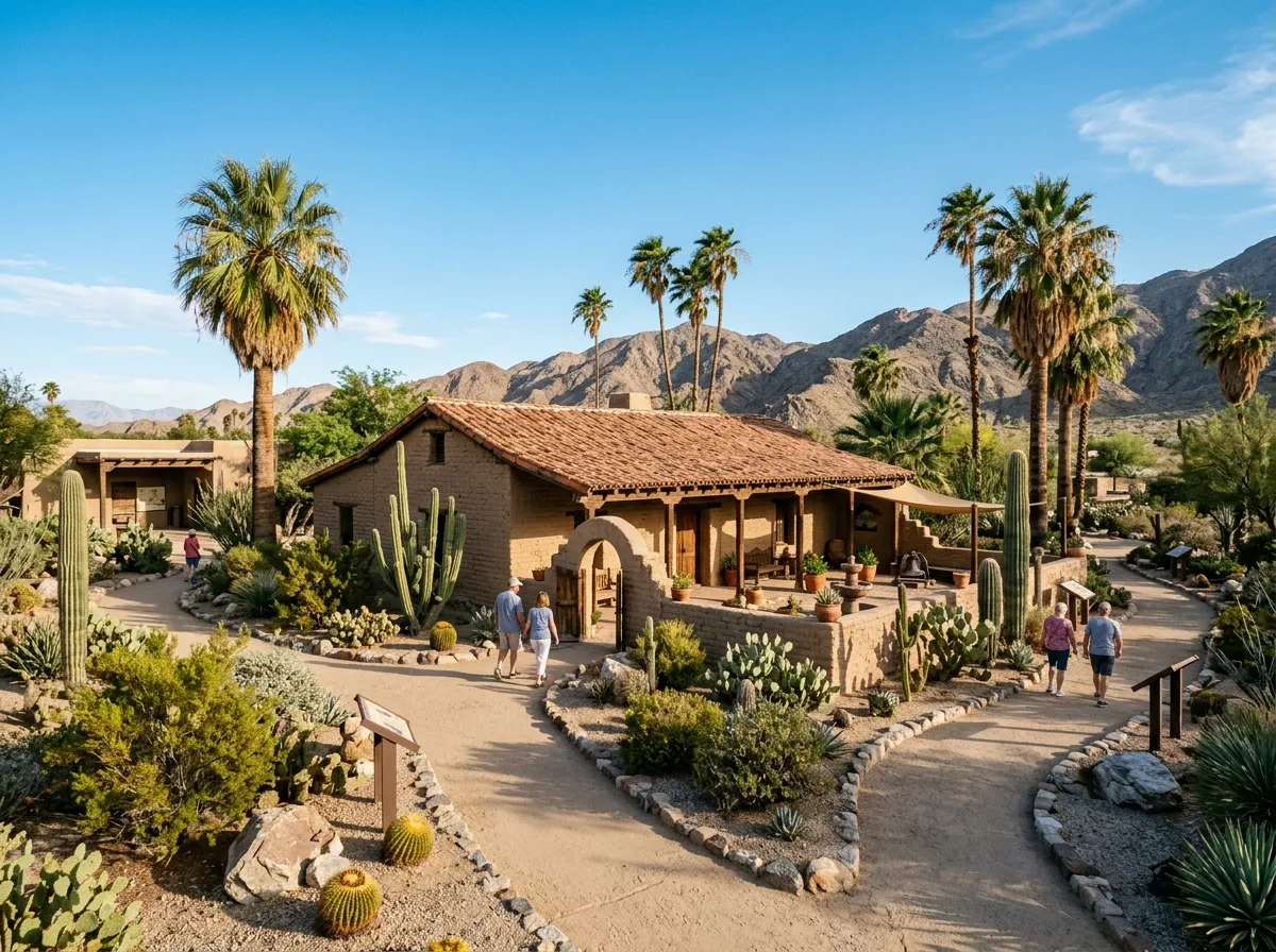 Outdoor campus of the Coachella Valley History Museum with historic adobe building and desert plants