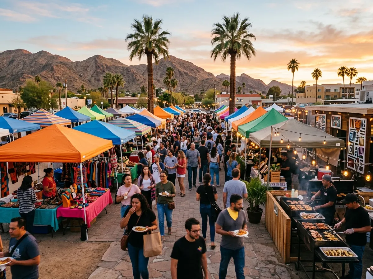 Outdoor market vendors with food stalls and colorful canopies in Indio California