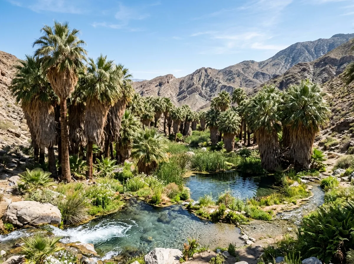 Palm oasis and natural spring at the Coachella Valley Preserve near Indio