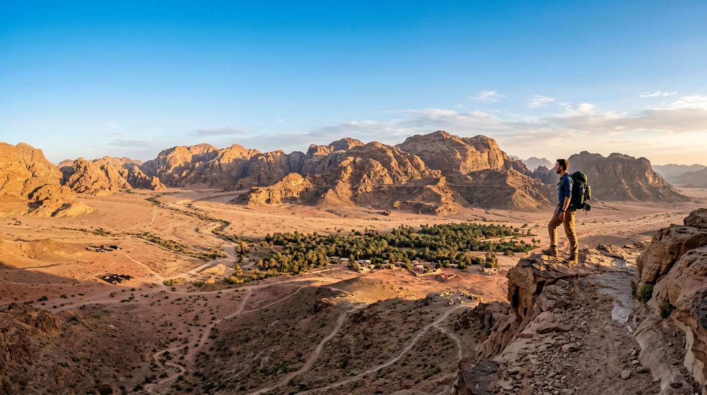 Panoramic desert valley view from hiking trail