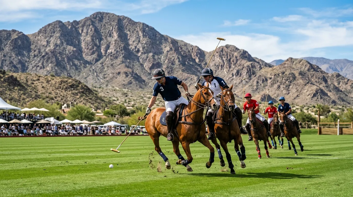 Polo players on horseback during a match at Eldorado Polo Club in Indio California