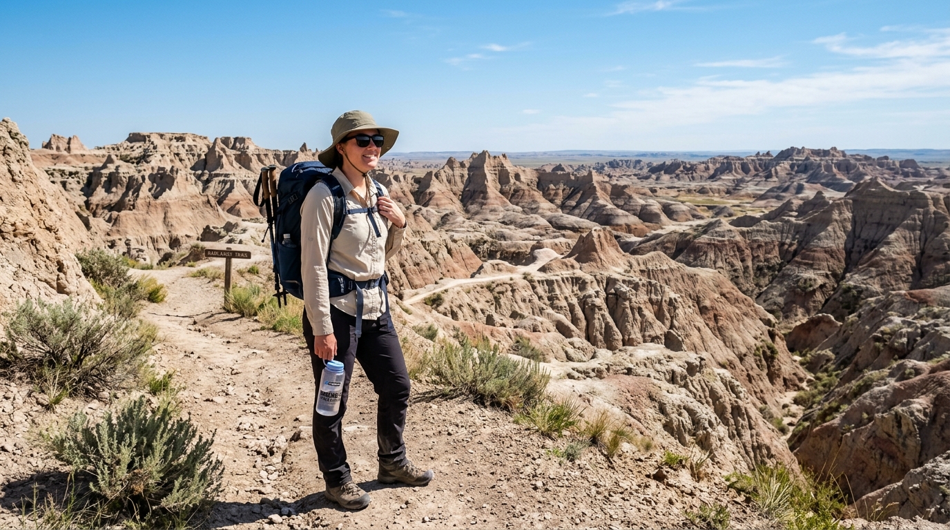 Prepared desert hiker with sun protection and water