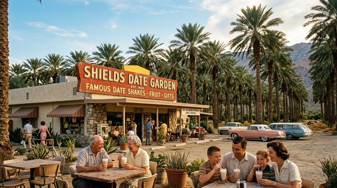 Shields Date Garden vintage exterior and date palms