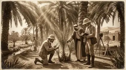 Explorers inspecting date palm